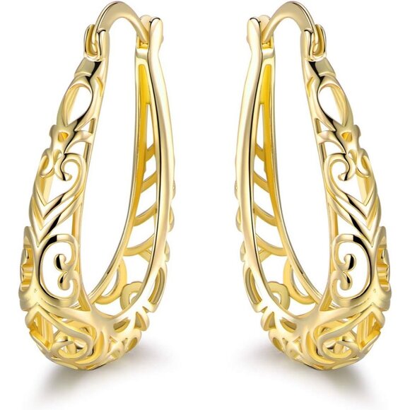 Gold Plated 18"  Filigree Hoop Earrings - Picture 1 of 6